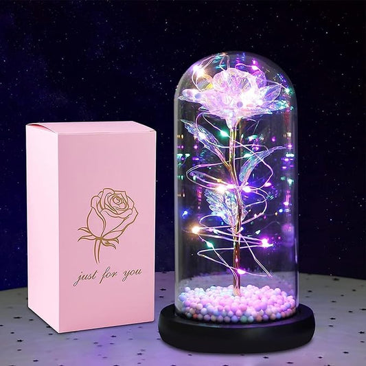 Artificial Tulips in Crystal Box, Galaxy Glass Rose Flower with LED Light