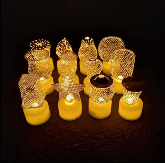 Set of decorative candle lights with mesh covers on a dark background