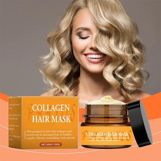 Collagen hair mask with a woman displaying healthy hair on an orange and gray background