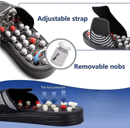 Massage sandals with adjustable strap and removable nobs on a blue background