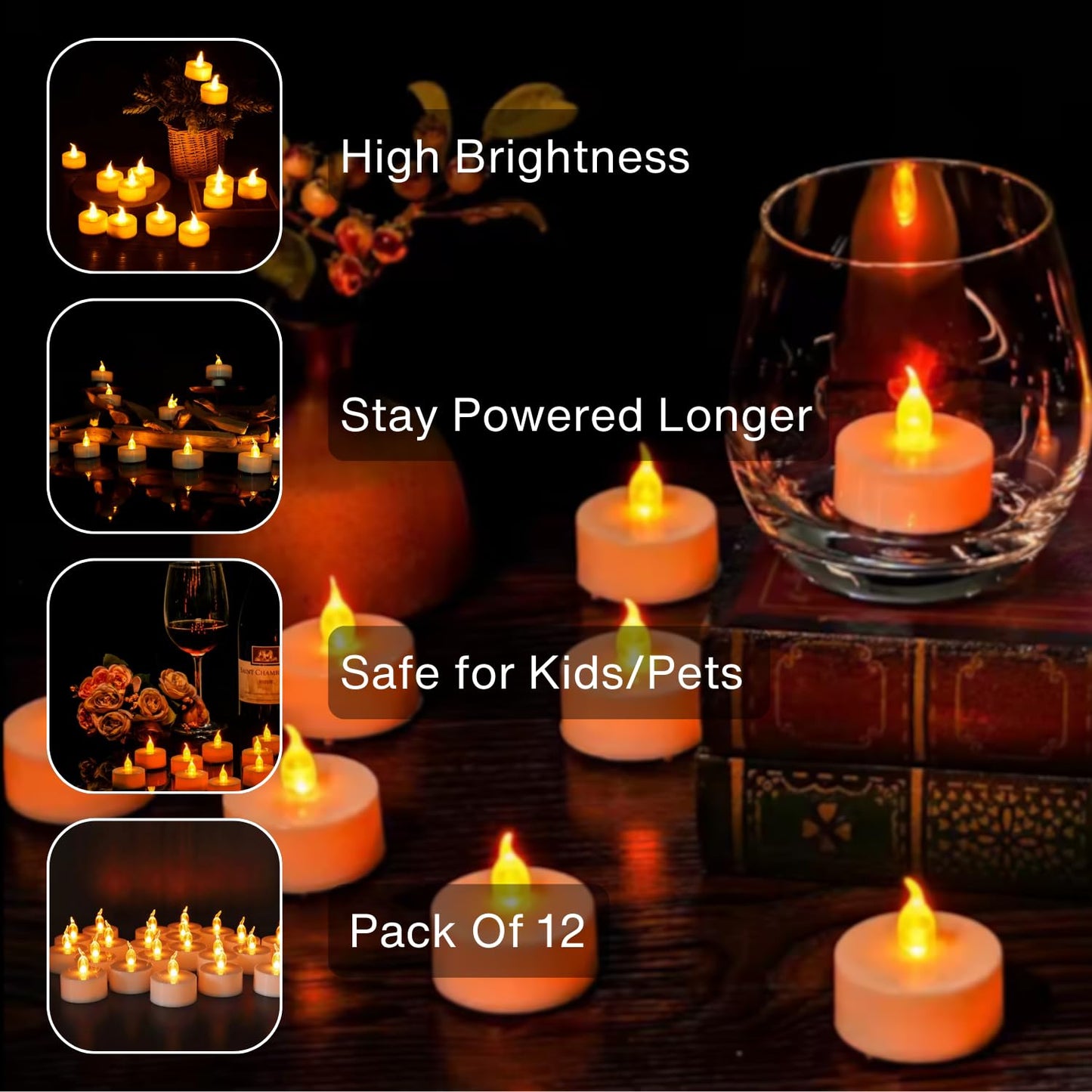 VERVENIX (Pack of 12 LED Tealight Candles, Battery Operated Flameless & Smokeless Decorative Lights for Diwali, Pooja, Christmas, Home & Party Decoration, Warm Yellow Glow