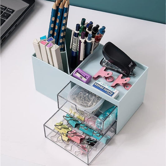 Desk organizer with stationery items on a white surface